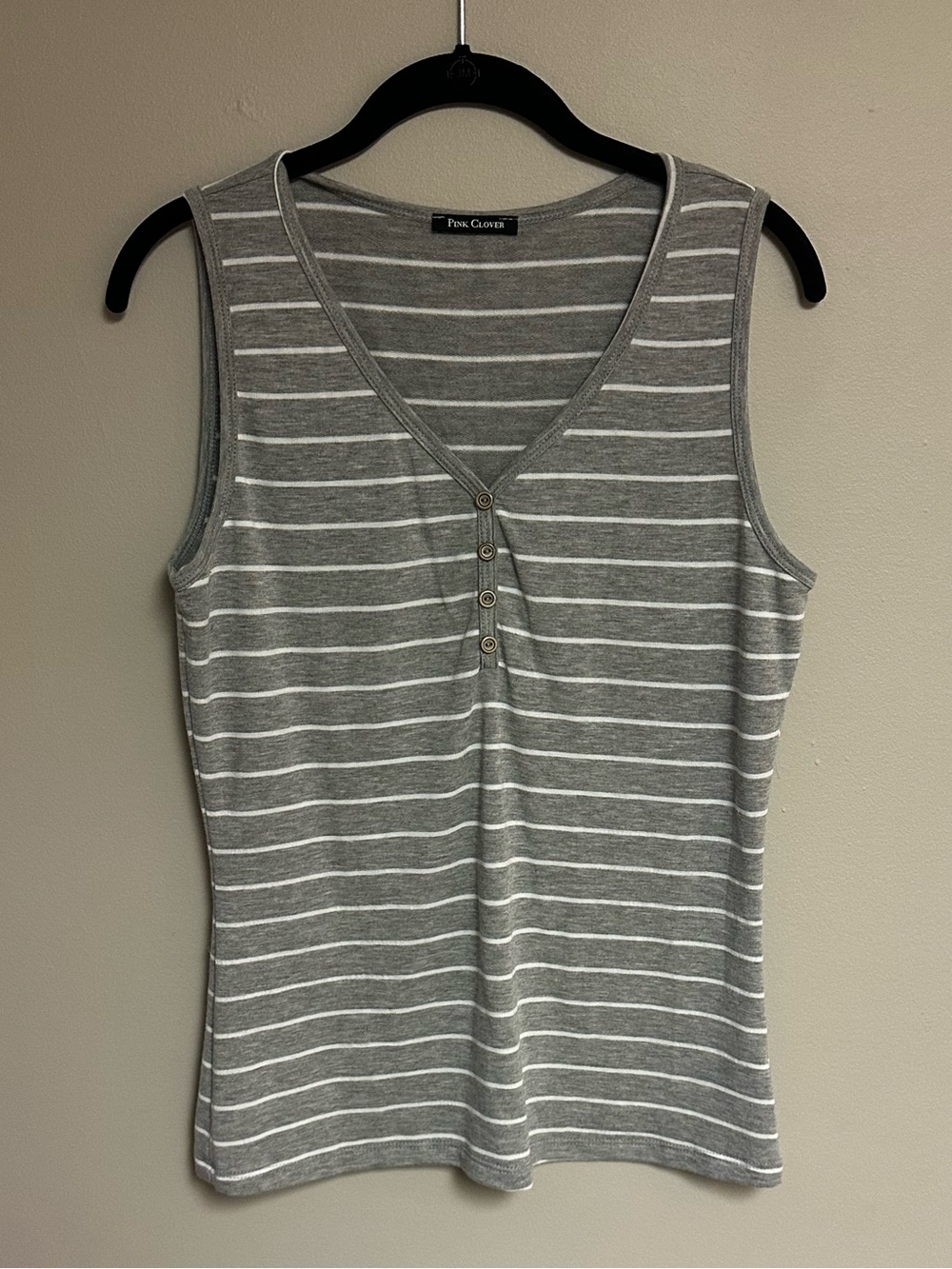 Pink Clover Gray and White Striped Sleeveless V-Neck Tank Sabine Henley